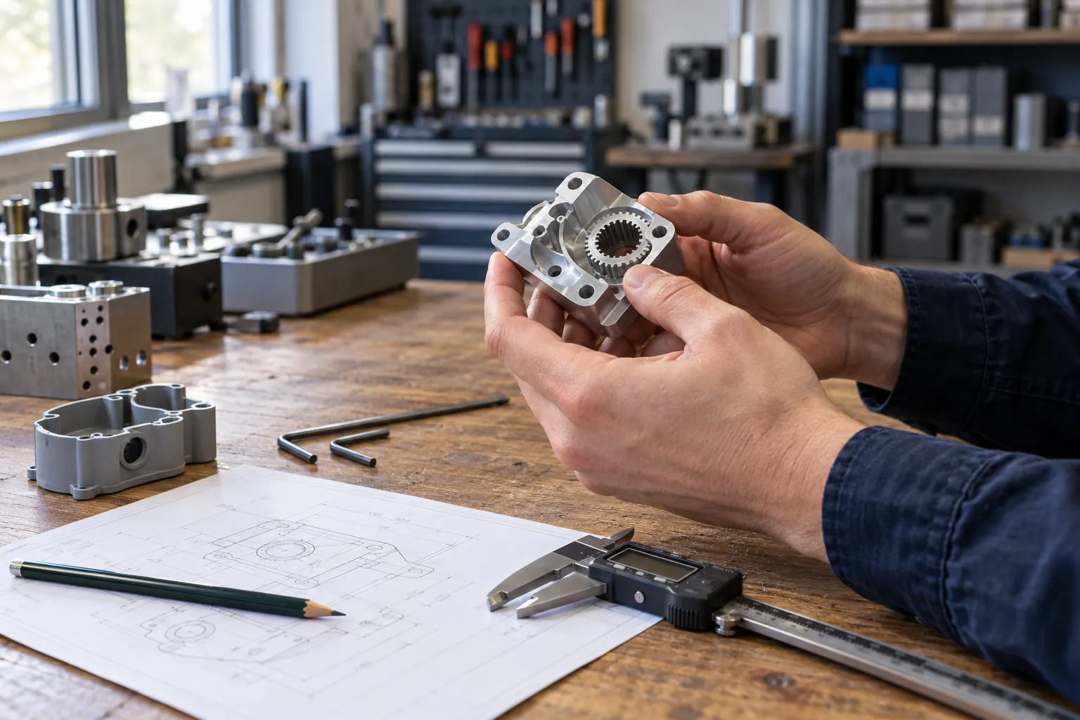 Hands of a designer examining a machined mechanical part, on a workshop bench with a drawing and a calliper