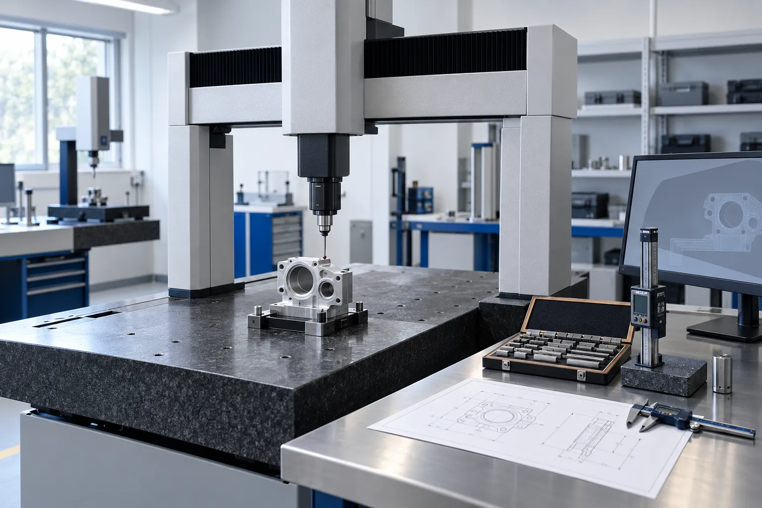 Coordinate measuring machine inspecting a small machined part in a testing laboratory