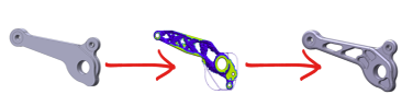 Three stages of a topology optimisation: initial part, calculation of material distribution, lightened part