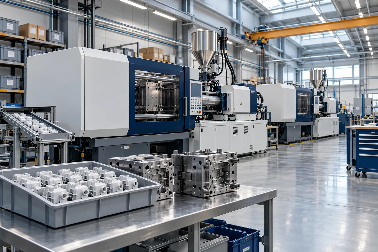 Plastic injection presses lined up in a production workshop, with moulds and moulded parts in the foreground